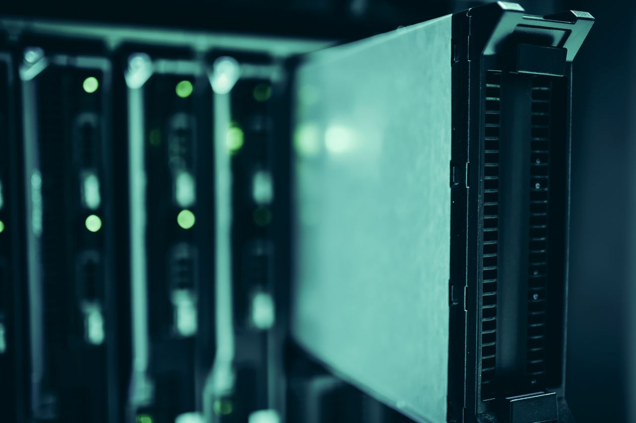 Close-up of a server blade in a data center rack