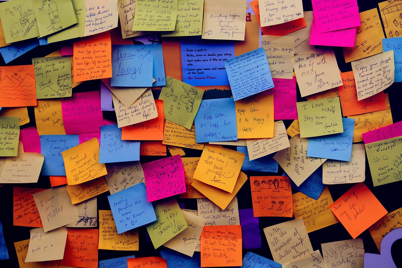 A wall completely covered in handwritten sticky notes in many colours