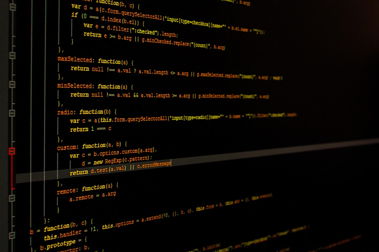 Source code on a dark editor showing function blocks nested inside curly braces