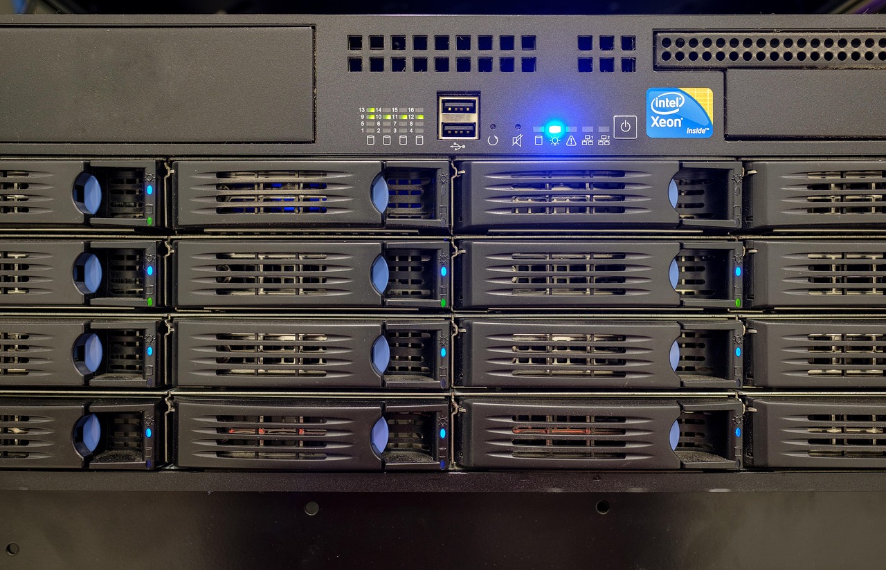 A rack of server hard-drive bays with status lights