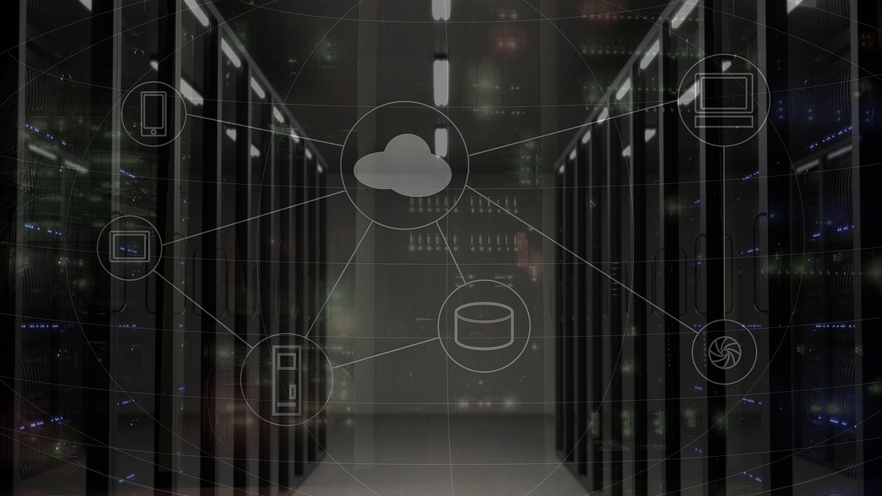 A datacenter aisle of black server racks overlaid with a network diagram linking cloud, database and device icons