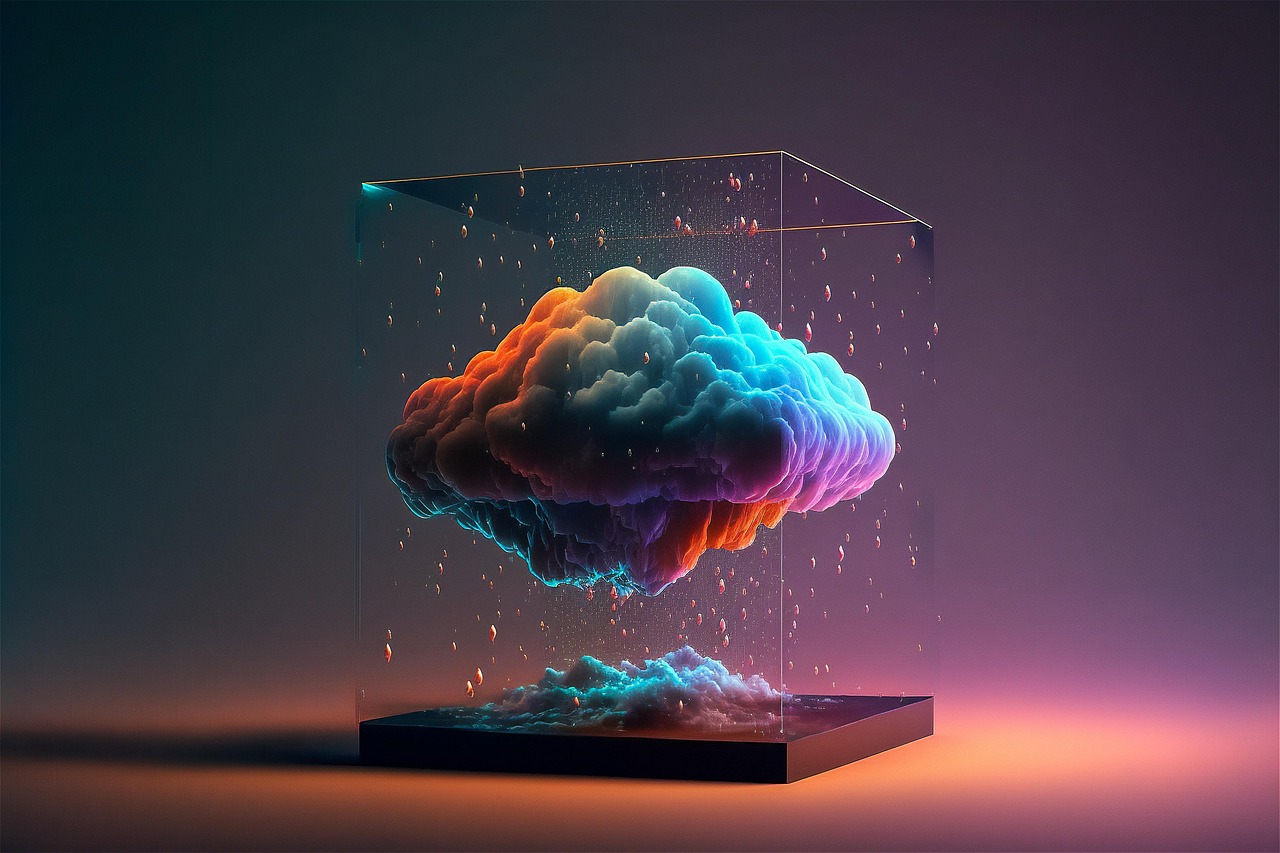 A glowing multicoloured cloud rendered inside a transparent glass cube on a dark podium, a stylized illustration of cloud computing
