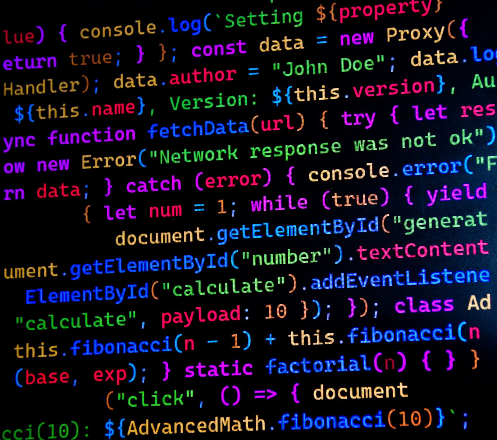 Colourful JavaScript code displayed on a computer screen